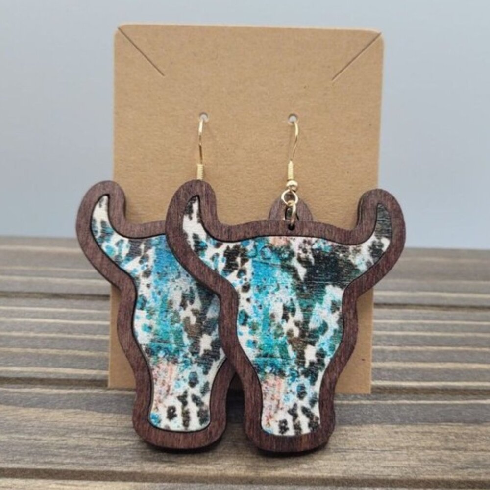 NWT Brown Cow Print Style Boho Western‎ Longhorn Aztec Cowhide Print Wood